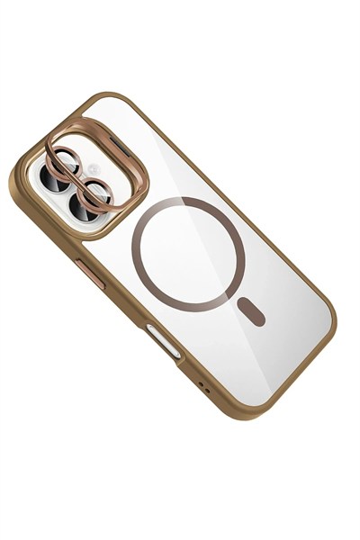 Mey İthalat®   iPhone 16 Plus Remim Lensli Magsafe Standlı Kapak - Kahverengi