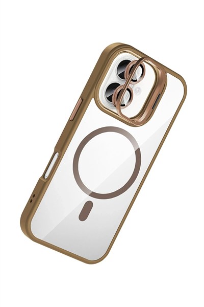 Mey İthalat®   iPhone 16 Plus Remim Lensli Magsafe Standlı Kapak - Kahverengi