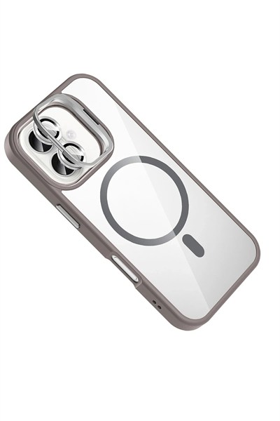 Mey İthalat®   iPhone 16 Plus Remim Lensli Magsafe Standlı Kapak - Titan Gri