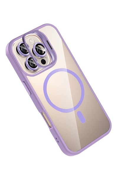 Mey İthalat®   iPhone 16 Pro Max Remim Lensli Magsafe Standlı Kapak - Lila