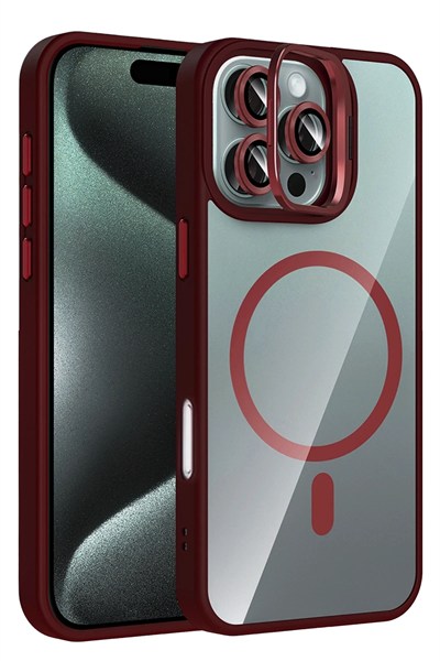 Mey İthalat®   iPhone 16 Pro Max Remim Lensli Magsafe Standlı Kapak - Bordo