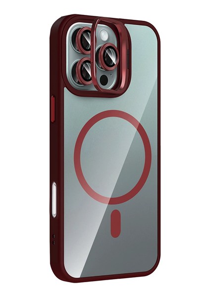 Mey İthalat®   iPhone 16 Pro Max Remim Lensli Magsafe Standlı Kapak - Bordo
