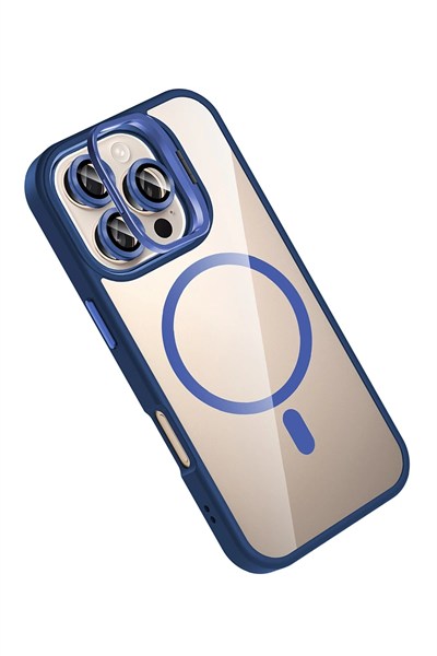 Mey İthalat®   iPhone 16 Pro Remim Lensli Magsafe Standlı Kapak - Lacivert