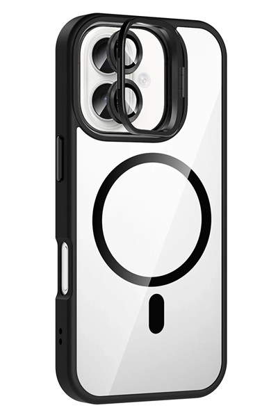 Mey İthalat®   iPhone 16 Remim Lensli Magsafe Standlı Kapak - Siyah