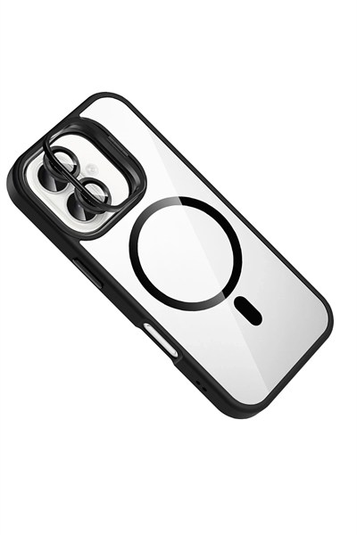 Mey İthalat®   iPhone 16 Remim Lensli Magsafe Standlı Kapak - Siyah