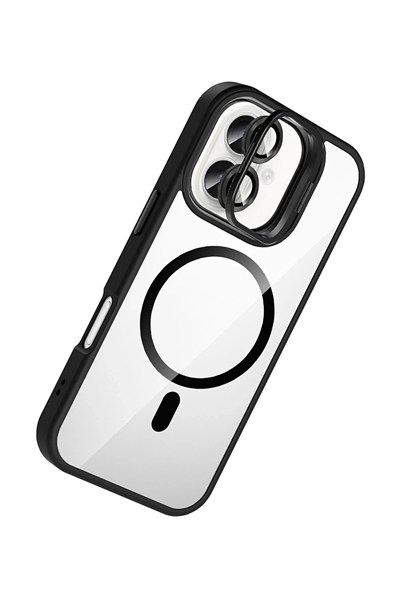 Mey İthalat®   iPhone 16 Remim Lensli Magsafe Standlı Kapak - Siyah