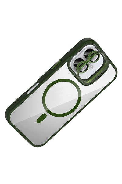 Mey İthalat®   iPhone 16 Remim Lensli Magsafe Standlı Kapak - Koyu Yeşil