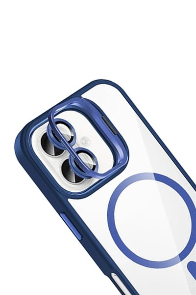 Mey İthalat®   iPhone 16 Remim Lensli Magsafe Standlı Kapak - Lacivert