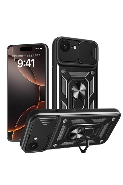 Mey İthalat®   iPhone 16E Kılıf Pars Lens Yüzüklü Silikon - Siyah