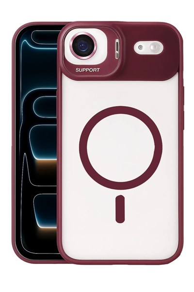 Mey İthalat®   iPhone 17 Air Remim Lensli Magsafe Standlı Kapak - Bordo