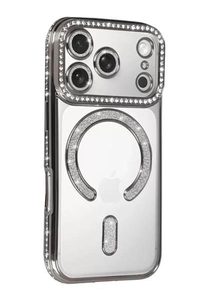 Mey İthalat®   iPhone 17 Pro Max Joke Simli Magneticsafe Kılıf - Gümüş