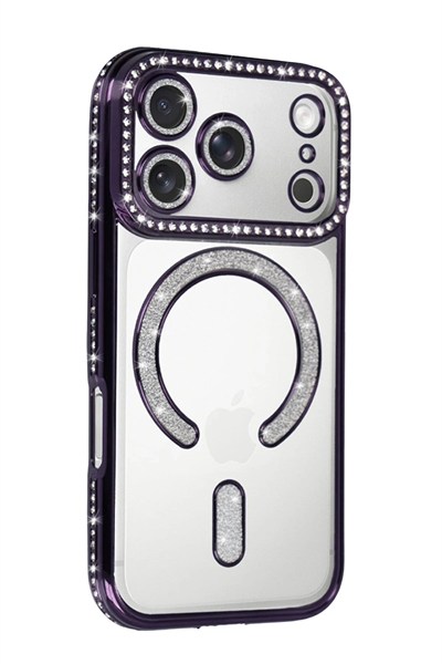 Mey İthalat®   iPhone 17 Pro Max Joke Simli Magneticsafe Kılıf - Derin Mor