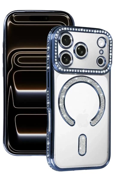 Mey İthalat®   iPhone 17 Pro Max Joke Simli Magneticsafe Kılıf - Mavi