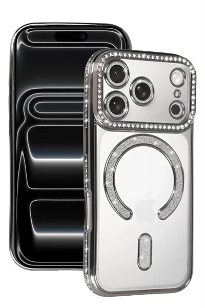 Mey İthalat®   iPhone 17 Pro Max Joke Simli Magneticsafe Kılıf - Gümüş