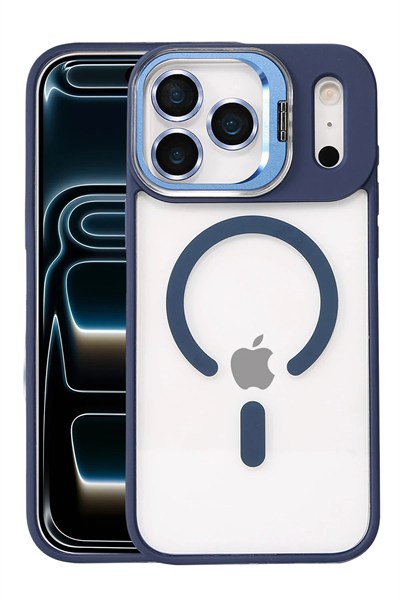 Mey İthalat®   iPhone 17 Pro Max Remim Lensli Magsafe Standlı Kapak - Lacivert