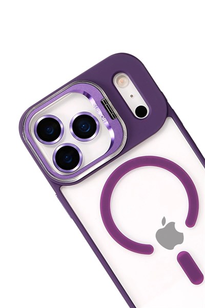 Mey İthalat®   iPhone 17 Pro Max Remim Lensli Magsafe Standlı Kapak - Derin Mor