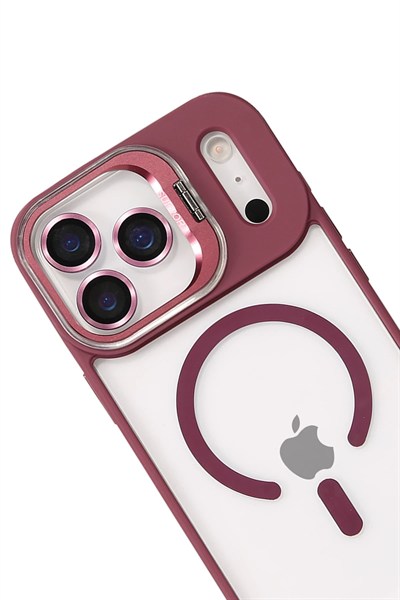 Mey İthalat®   iPhone 17 Pro Max Remim Lensli Magsafe Standlı Kapak - Bordo