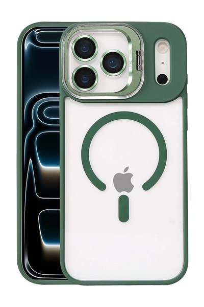 Mey İthalat®   iPhone 17 Pro Max Remim Lensli Magsafe Standlı Kapak - Koyu Yeşil