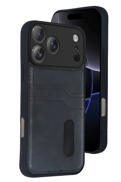 Mey İthalat®   iPhone 17 Pro Max Sara Kartvizitli Deri Kılıf - Siyah