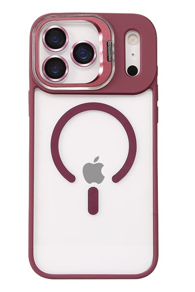 Mey İthalat®   iPhone 17 Pro Remim Lensli Magsafe Standlı Kapak - Bordo