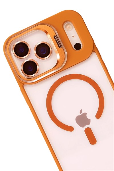Mey İthalat®   iPhone 17 Pro Remim Lensli Magsafe Standlı Kapak - Turuncu