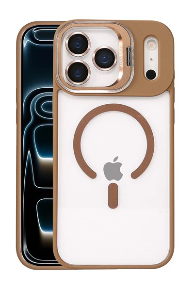 Mey İthalat®   iPhone 17 Pro Remim Lensli Magsafe Standlı Kapak - Kahverengi