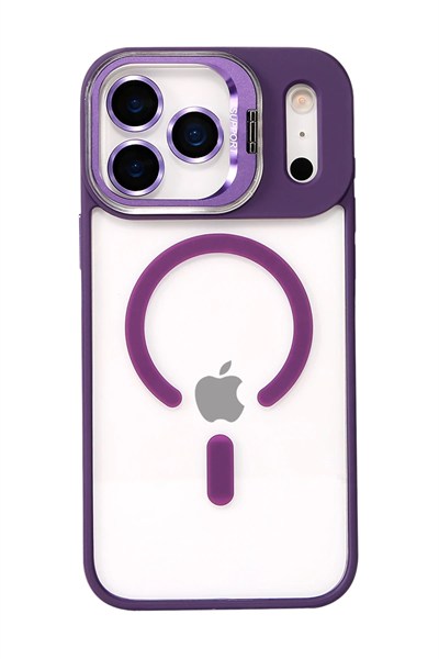 Mey İthalat®   iPhone 17 Pro Remim Lensli Magsafe Standlı Kapak - Derin Mor