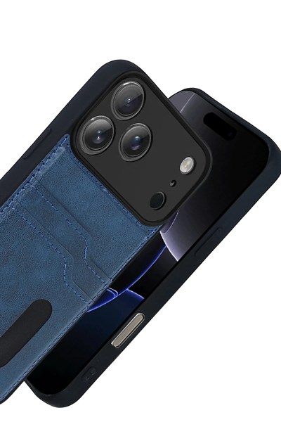 Mey İthalat®   iPhone 17 Pro Sara Kartvizitli Deri Kılıf - Lacivert