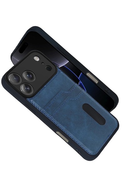 Mey İthalat®   iPhone 17 Pro Sara Kartvizitli Deri Kılıf - Lacivert