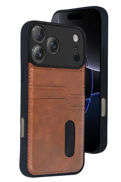 Mey İthalat®   iPhone 17 Pro Sara Kartvizitli Deri Kılıf - Taba