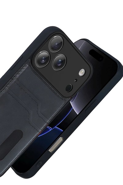 Mey İthalat®   iPhone 17 Pro Sara Kartvizitli Deri Kılıf - Siyah
