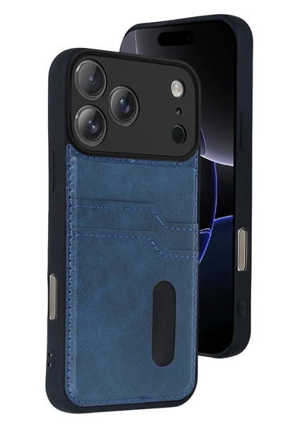 Mey İthalat®   iPhone 17 Pro Sara Kartvizitli Deri Kılıf - Lacivert