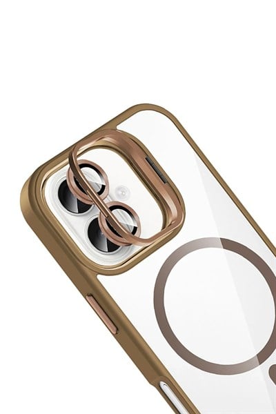 Mey İthalat®   iPhone 17 Remim Lensli Magsafe Standlı Kapak - Kahverengi