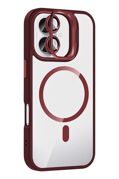 Mey İthalat®   iPhone 17 Remim Lensli Magsafe Standlı Kapak - Bordo