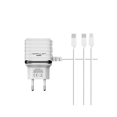 Mey İthalat®  C33 Hızlı Şarj Cihazı 3in1 (Dahili Lightning Kablo iphone Uyumlulu)