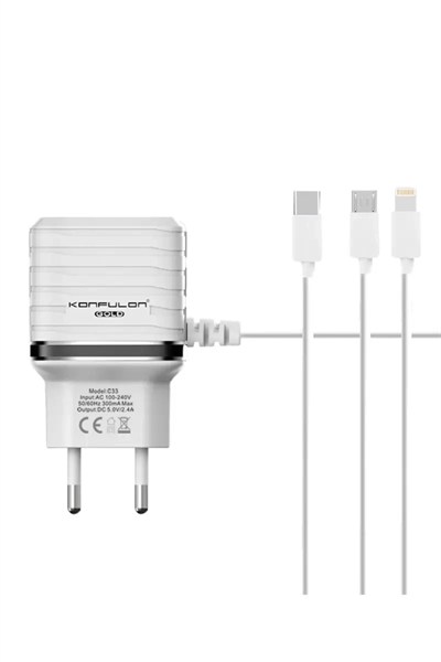 Mey İthalat®  C33 Hızlı Şarj Cihazı 3in1 (Dahili Lightning Kablo iphone Uyumlulu)