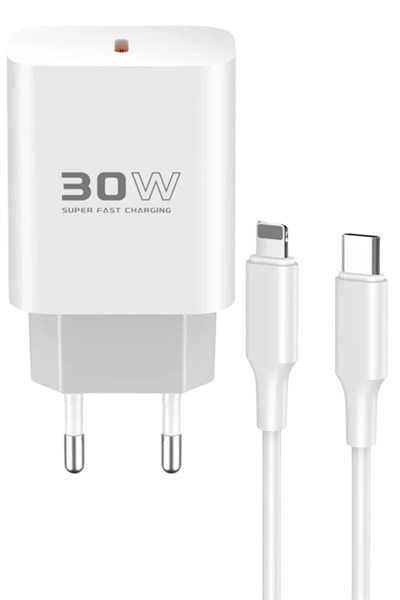 Mey İthalat®  C87C 30W Type-C Çıkışlı Ekstra DL50 1M Type-C to Lightning Kablolu PD Şarj Cihazı - Beyaz