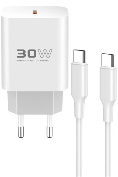 Mey İthalat®  C87C 30W Type-C Çıkışlı Ekstra DL51 1M Type-C to Type-C Kablolu PD Şarj Cihazı - Beyaz
