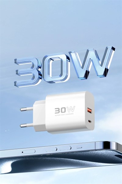 Mey İthalat®  C89Q 1 Adet 30W Type-C ve 1 Adet 22.5W USB Çıkışlı Ekstra DL48 1M USB to Lightning Kablolu PD Şarj Cihazı - Beyaz