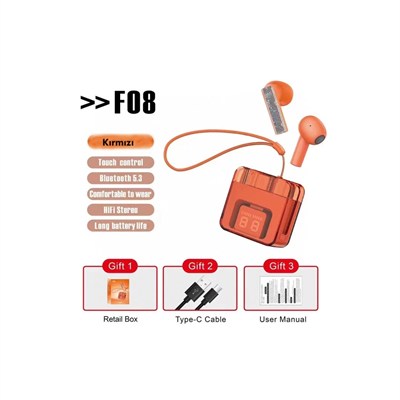 Mey İthalat®  F08 Dijital Şarj Göstergeli TWS Bluetooth Kulaklık - Kırmızı