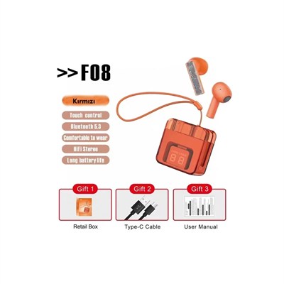 Mey İthalat®  F08 Dijital Şarj Göstergeli TWS Bluetooth Kulaklık - Kırmızı