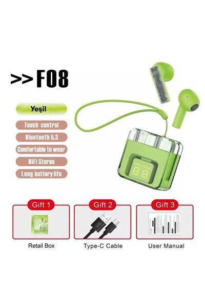 Mey İthalat®  F08 Dijital Şarj Göstergeli TWS Bluetooth Kulaklık - Yeşil