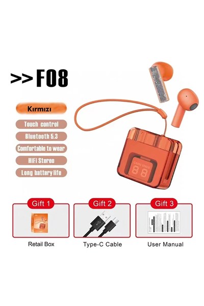 Mey İthalat®  F08 Dijital Şarj Göstergeli TWS Bluetooth Kulaklık - Kırmızı