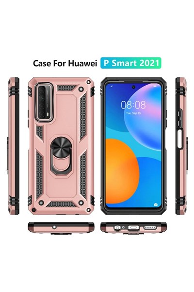 Mey İthalat®  Huawei P Smart 2021 Kılıf Sofya Yüzüklü Silikon Kapak - Rose