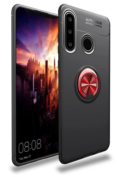 Mey İthalat®  Huawei Y6P Kılıf Range Yüzüklü Silikon - Siyah-Kırmızı