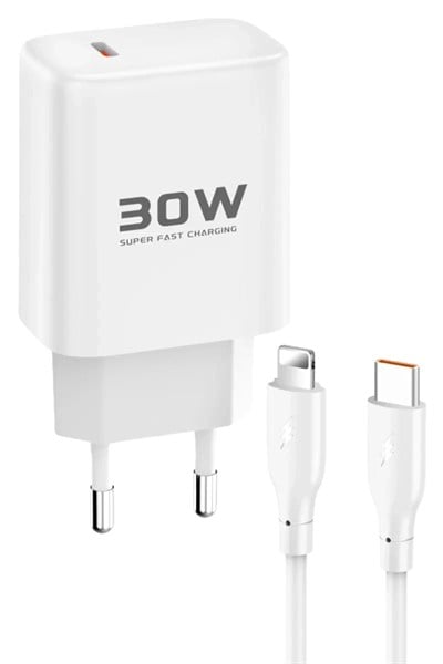 Mey İthalat®  JK89 30W Type-C Çıkışlı Ekstra DC66 1M Type-C to Lightning  Kablolu PD Şarj Cihazı - Beyaz