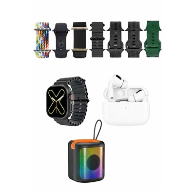 Mey İthalat®  K28 Kombo 7 Adet Kordon Akıllı Saat Airpods Kulaklık Kablosuz Hoparlör Set - Siyah