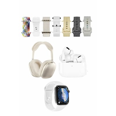 Mey İthalat®  K32 Kombo 7 Adet Kordon Akıllı Saat Airpods Kulaklık Kafa Üstü Kablosuz Kulaklık Set - Beyaz