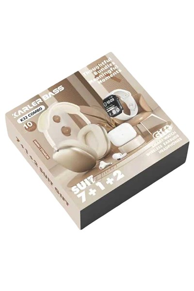 Mey İthalat®  K32 Kombo 7 Adet Kordon Akıllı Saat Airpods Kulaklık Kafa Üstü Kablosuz Kulaklık Set - Beyaz