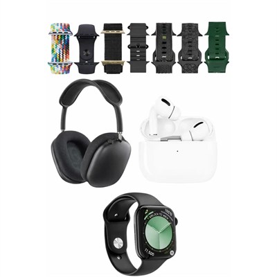 Mey İthalat®  K32 Kombo 7 Adet Kordon Akıllı Saat Airpods Kulaklık Kafa Üstü Kablosuz Kulaklık Set - Siyah